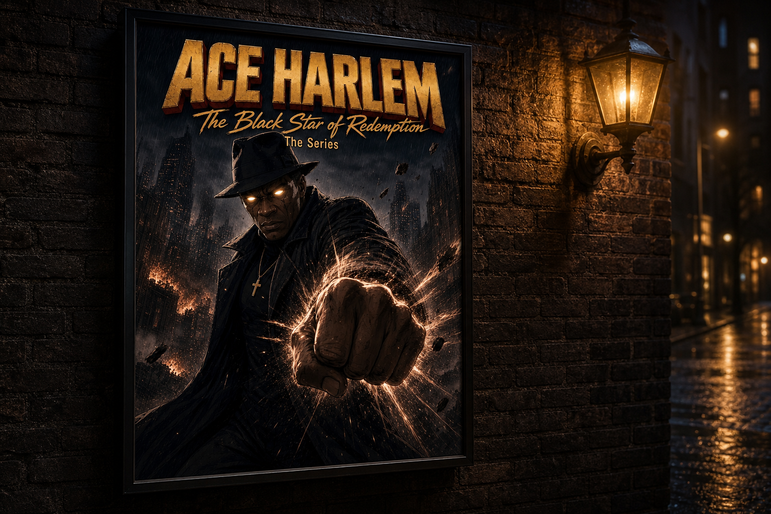 Studio mockup — ACE HARLEM Black Star poster on a wet brick wall