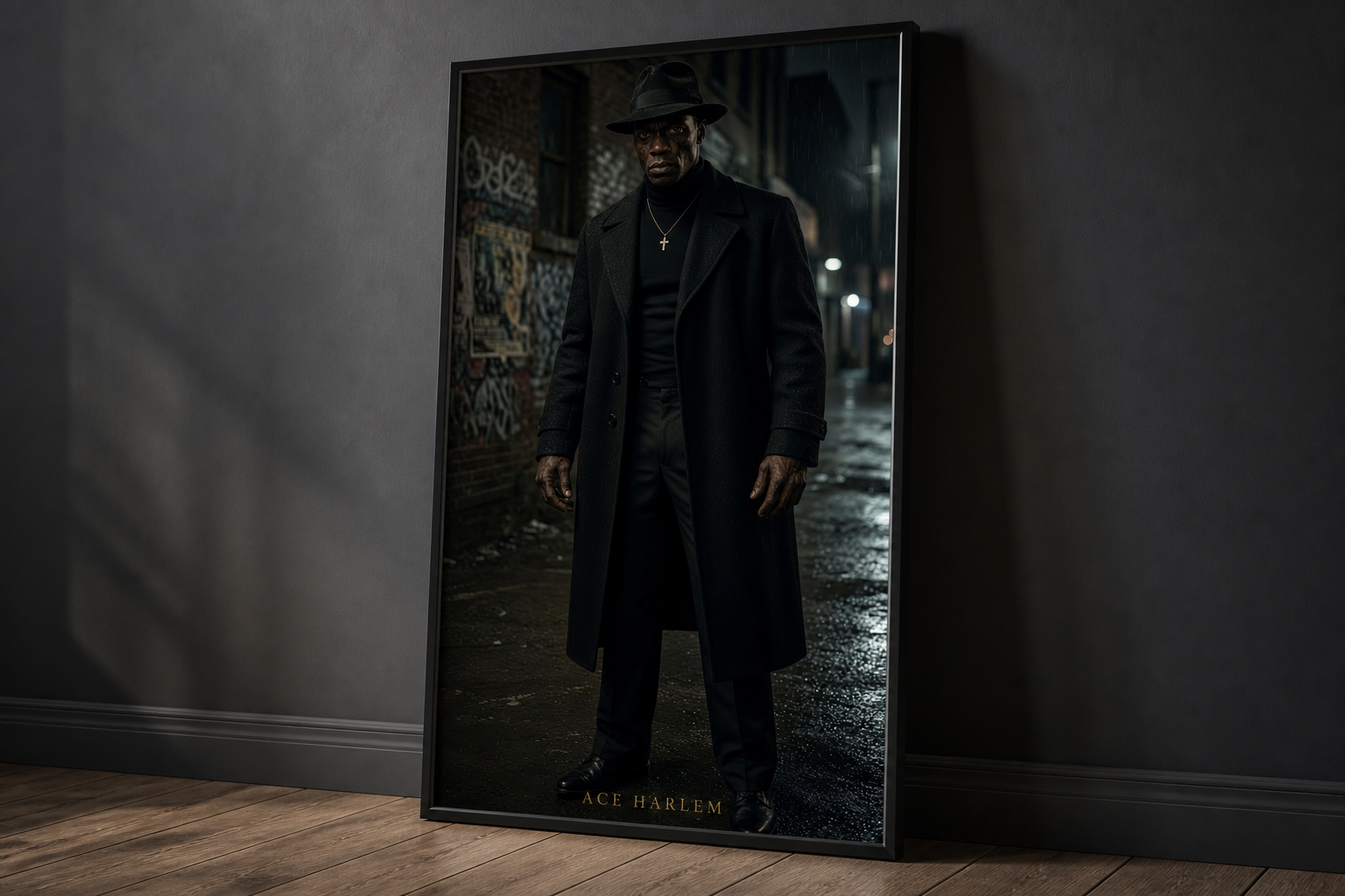 Studio mockup — framed ACE HARLEM full-body print