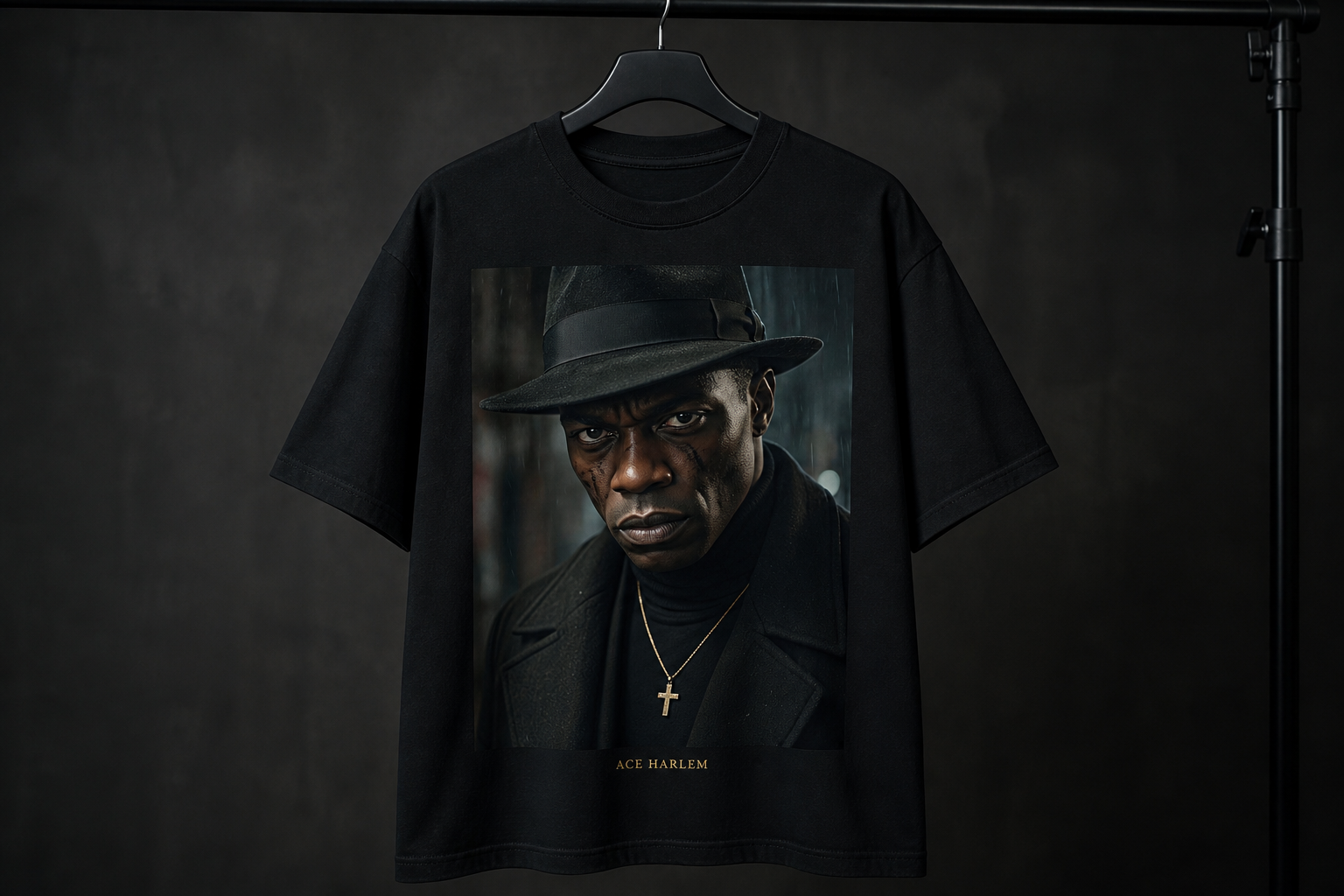 Studio mockup — ACE HARLEM portrait tee
